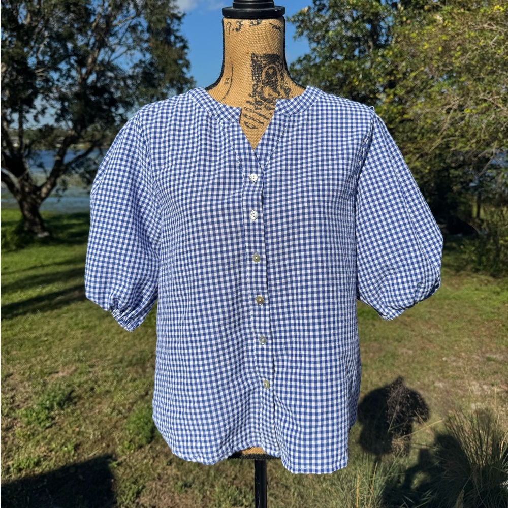 Like New Joie Gingham Statement Sleeve Button Down Top Blue White Size Small